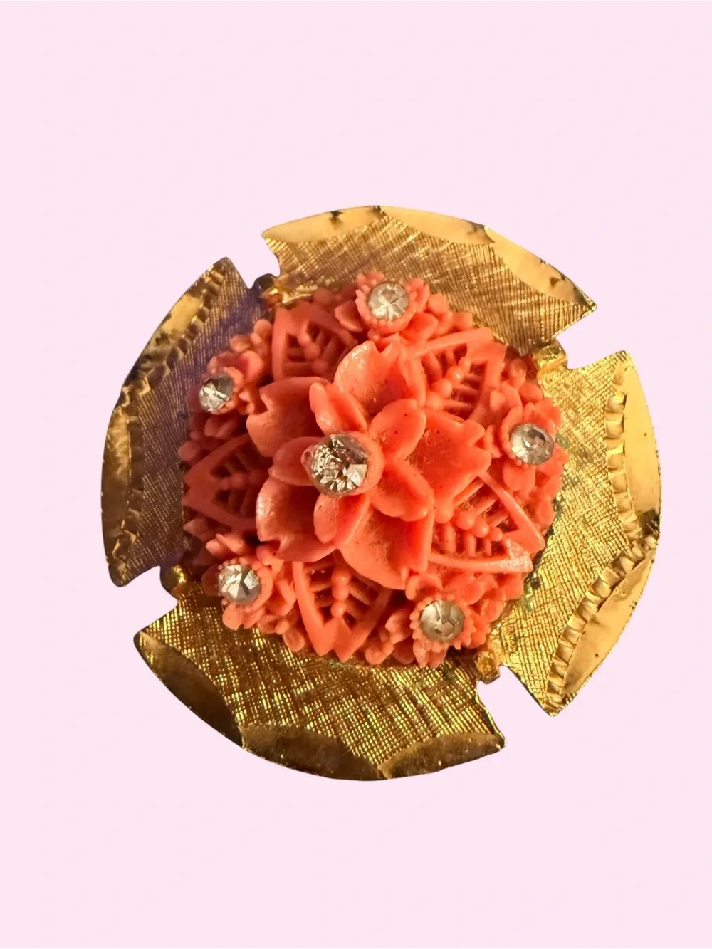 Vintage Coral-Orange Floral Brooch • Gold-Tone Statement Pin • Rhinestone Accent